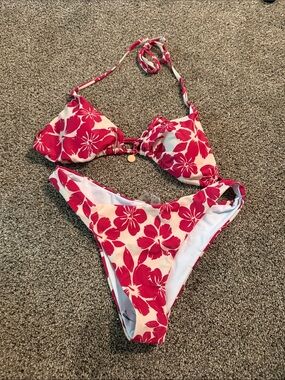 Shein Secret White Bikini with Hot Pink Floral Print